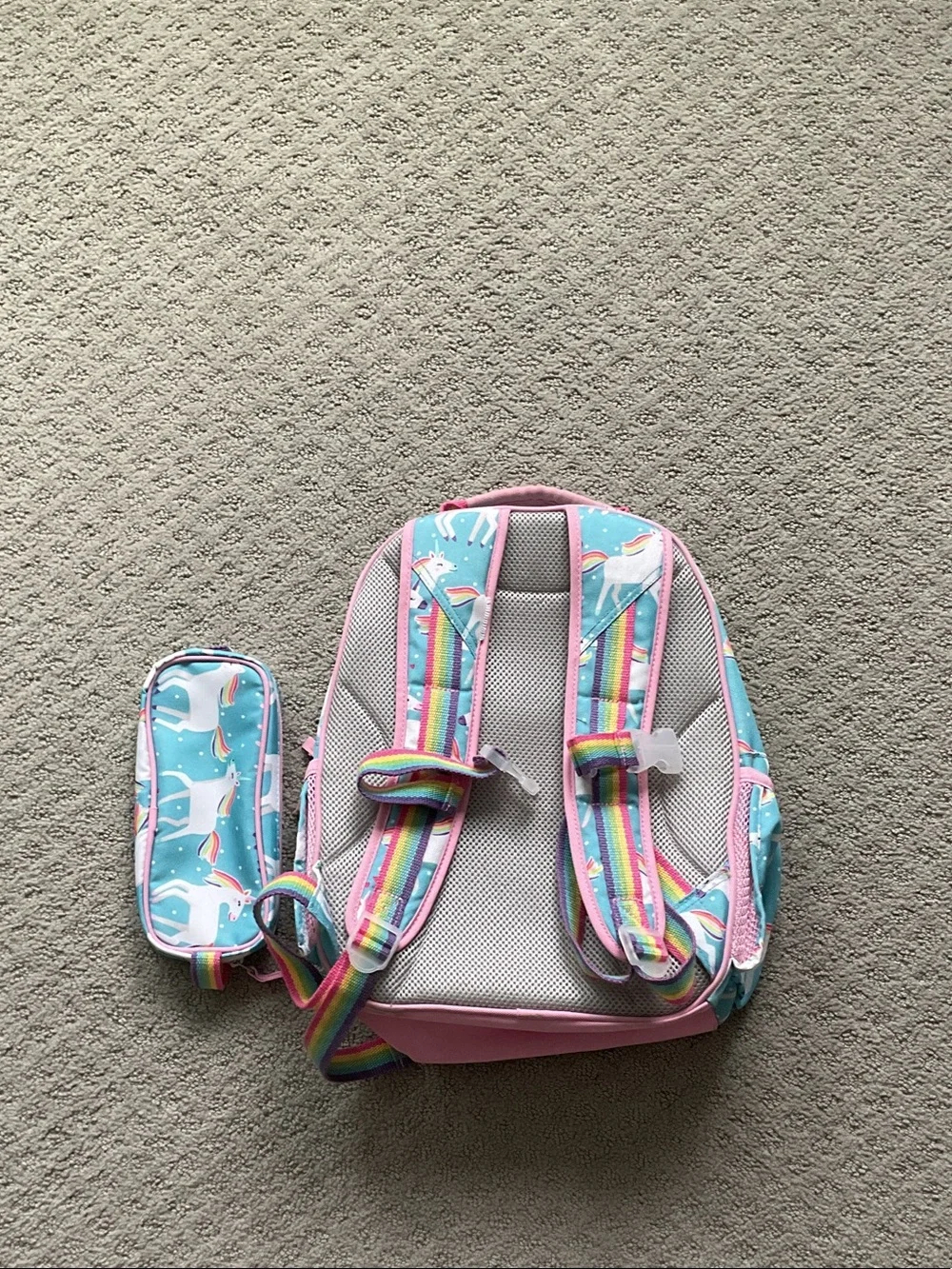 Pottery Barn Kids Aqua & Pink Unicorn Backpack and pencil case with Rainbows 565